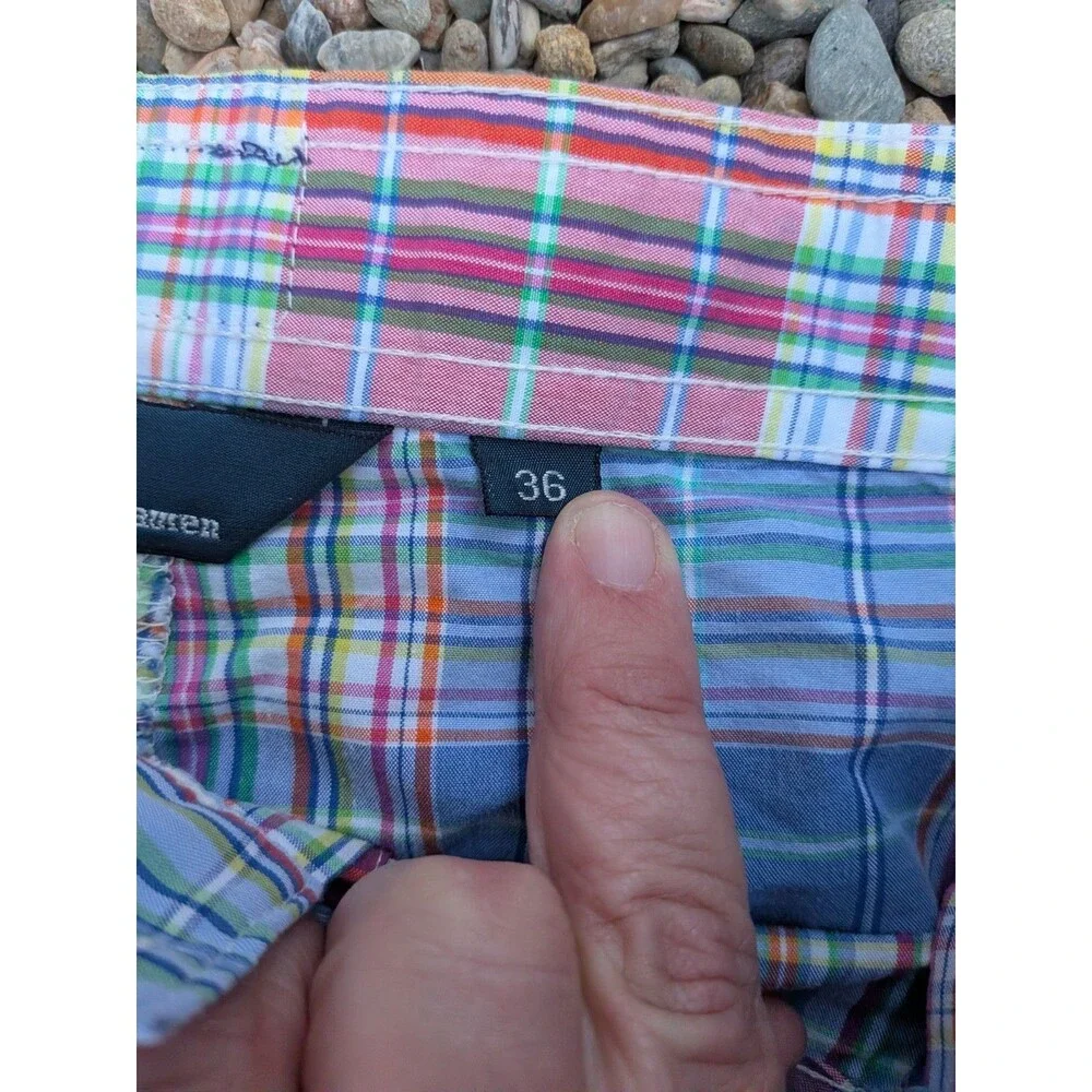 Vintage POLO Ralph Lauren Swim Trunks Board Cargo Shorts Plaid 36 Blue Red Pink